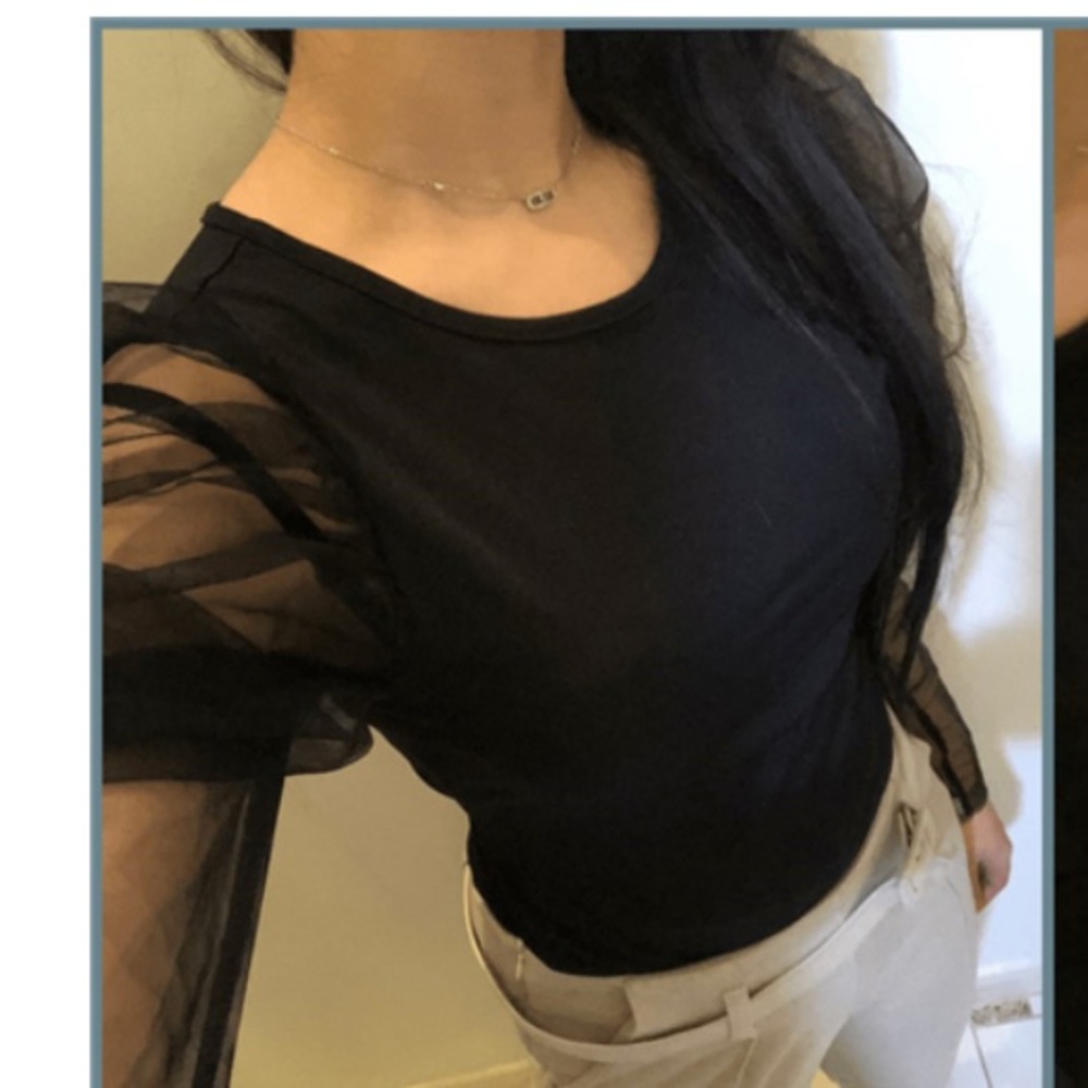 New! Black Long Sheer Mesh Puff Sleeve Bodysuit - Picture 7 of 8